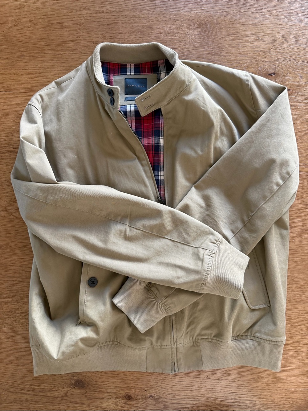 Zara Man Tan Bomber Jacket with Plaid Lining